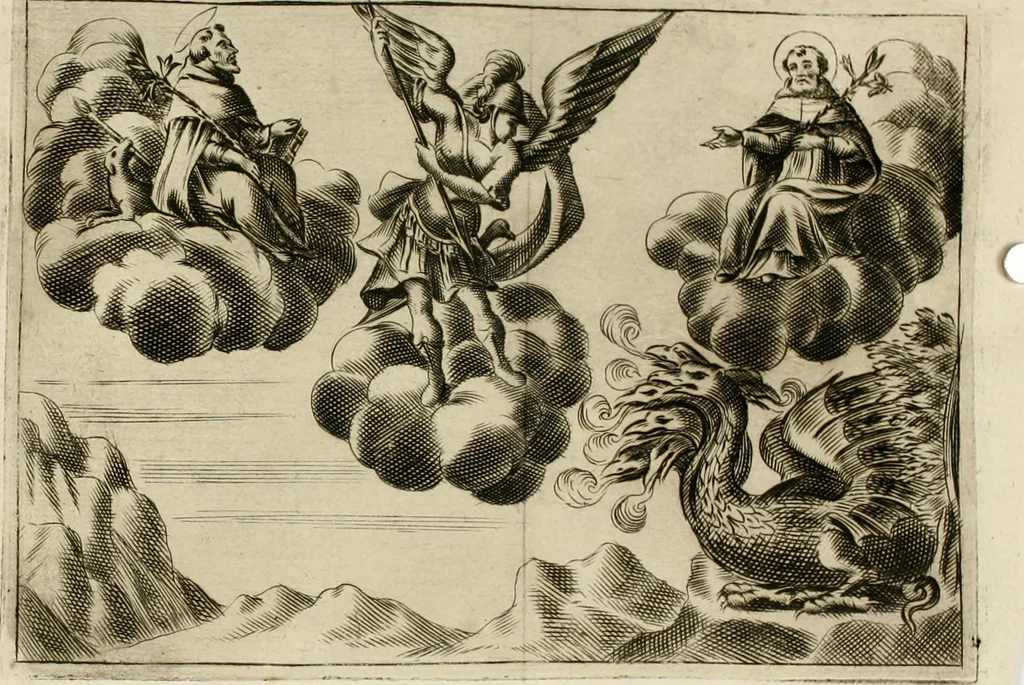 An illustration from Ferrara trionfante, per la coronazione della B.ma Vergine del Rosario celebrata l'anno 1638. Con apparato di teatro, di macchine, e di musica componimento dell'eccellentiss. sig. d. Ascanio Pio di Savoia. Donato dal medesimo signore alla Compagnia del Santiss. Rosario eretta anticamente in Ferrara nella Chiesa di S. Domenico de reuerendi Padri Predicatori, 1662, leaf 57