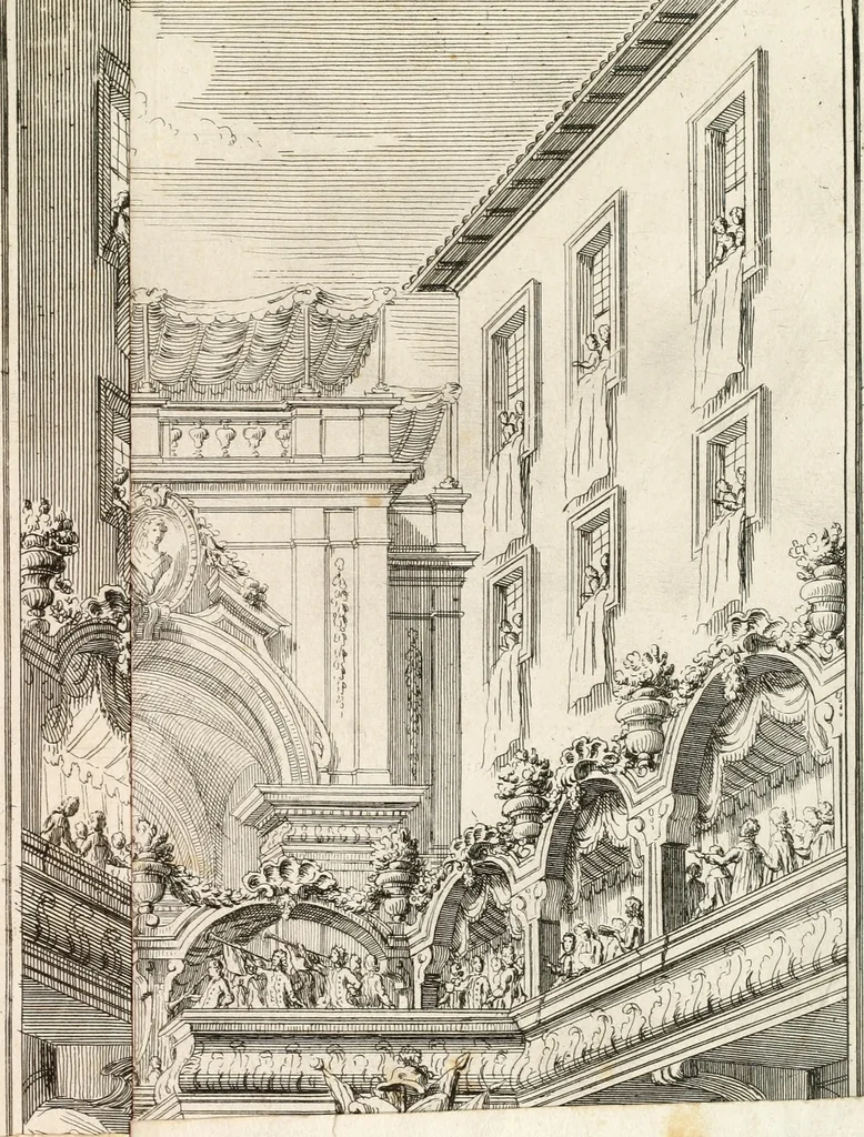 An illustration from Festa Accademica di lettere, e d'armi per la glorisa esaltazione al trono pontificio della santita di nostro signore Benedetto XIV ed alla medesima consecrata, 1740, leaf 42