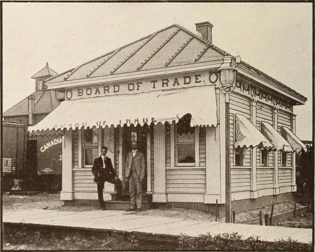 An illustration from A few facts about the city of Saskatoon : something of its past, present and prospects for the future, a city of opportunities. A railway centre. The hub of the great hard wheat area of Central Saskatchewan, 1907, leaf 12