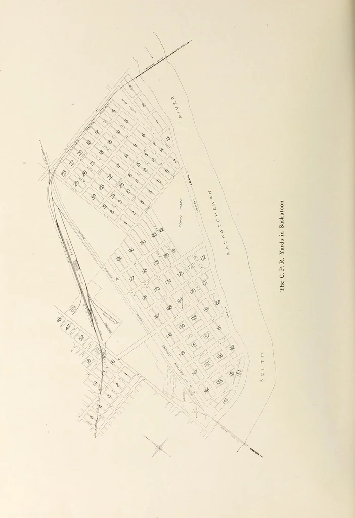 An illustration from A few facts about the city of Saskatoon : something of its past, present and prospects for the future, a city of opportunities. A railway centre. The hub of the great hard wheat area of Central Saskatchewan, 1907, leaf 28