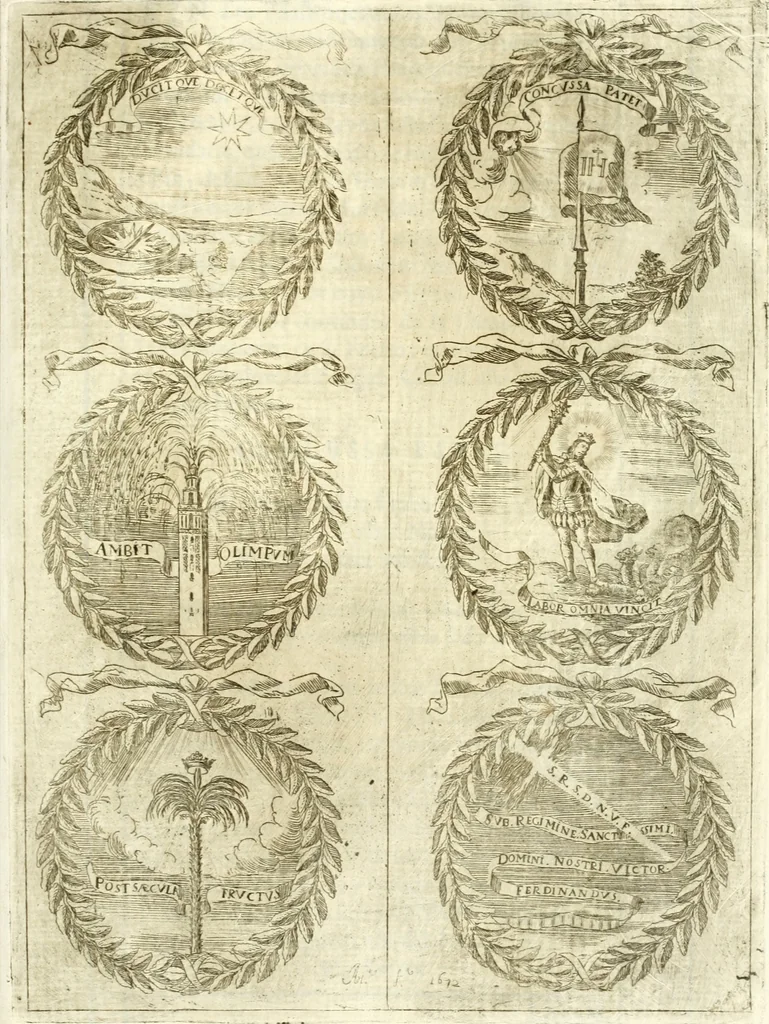An illustration from Fiestas de la S. Iglesia Metropolitana, y Patriarcal de Sevilla : al nuevo culto del señor rey S. Fernando el Tercero de Castilla y de Leon : concedido a todas las iglesias de España, por la santidad de nuestro beatissimo padre Clemente X ..., 1672, leaf 132