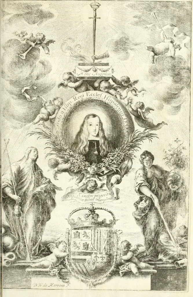 An illustration from Fiestas de la S. Iglesia Metropolitana, y Patriarcal de Sevilla : al nuevo culto del señor rey S. Fernando el Tercero de Castilla y de Leon : concedido a todas las iglesias de España, por la santidad de nuestro beatissimo padre Clemente X ..., 1672, leaf 14