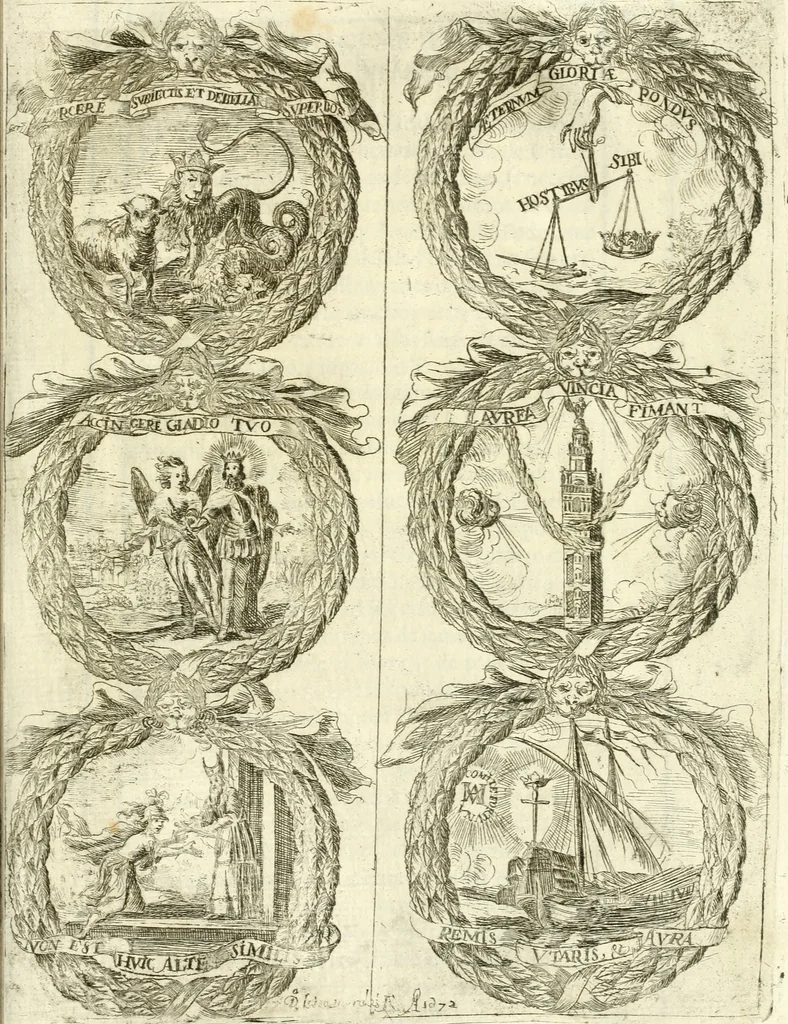An illustration from Fiestas de la S. Iglesia Metropolitana, y Patriarcal de Sevilla : al nuevo culto del señor rey S. Fernando el Tercero de Castilla y de Leon : concedido a todas las iglesias de España, por la santidad de nuestro beatissimo padre Clemente X ..., 1672, leaf 144
