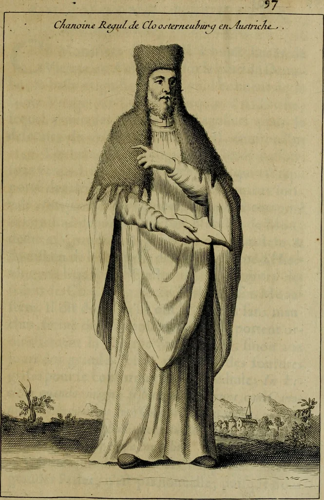 An illustration from Figures des differents habits des chanoines reguliers en ce siecle : auec vn discours sur les habits anciens et modernes de chanoines tant seculiers, que reguliers, 1666, leaf 112