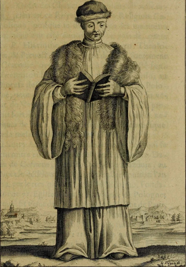 An illustration from Figures des differents habits des chanoines reguliers en ce siecle : auec vn discours sur les habits anciens et modernes de chanoines tant seculiers, que reguliers, 1666, leaf 116