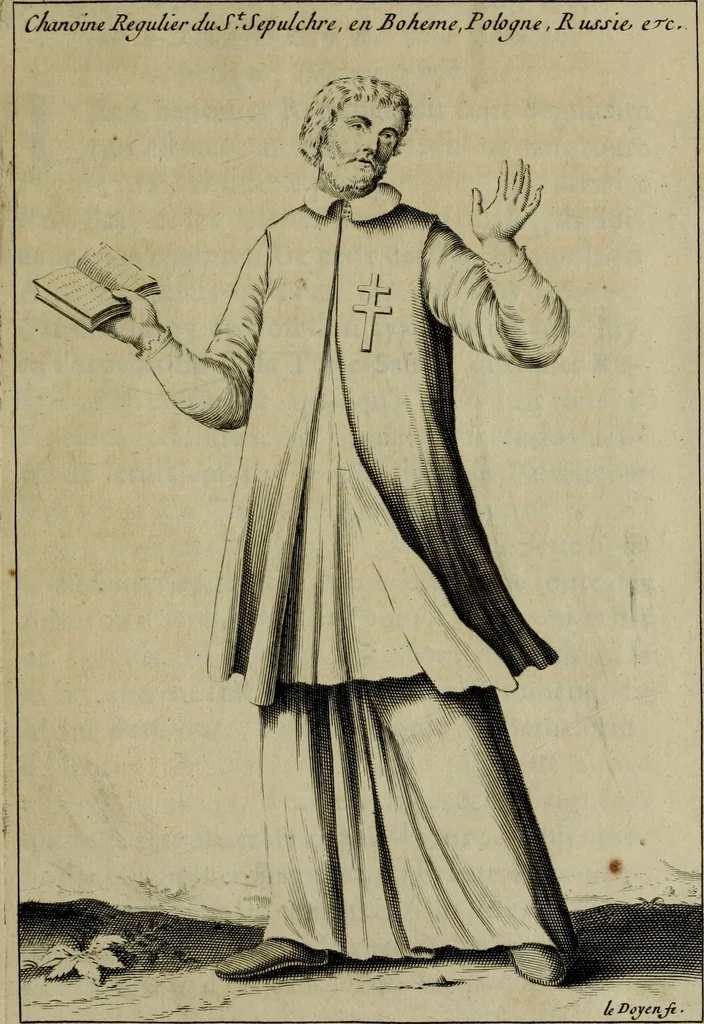An illustration from Figures des differents habits des chanoines reguliers en ce siecle : auec vn discours sur les habits anciens et modernes de chanoines tant seculiers, que reguliers, 1666, leaf 120