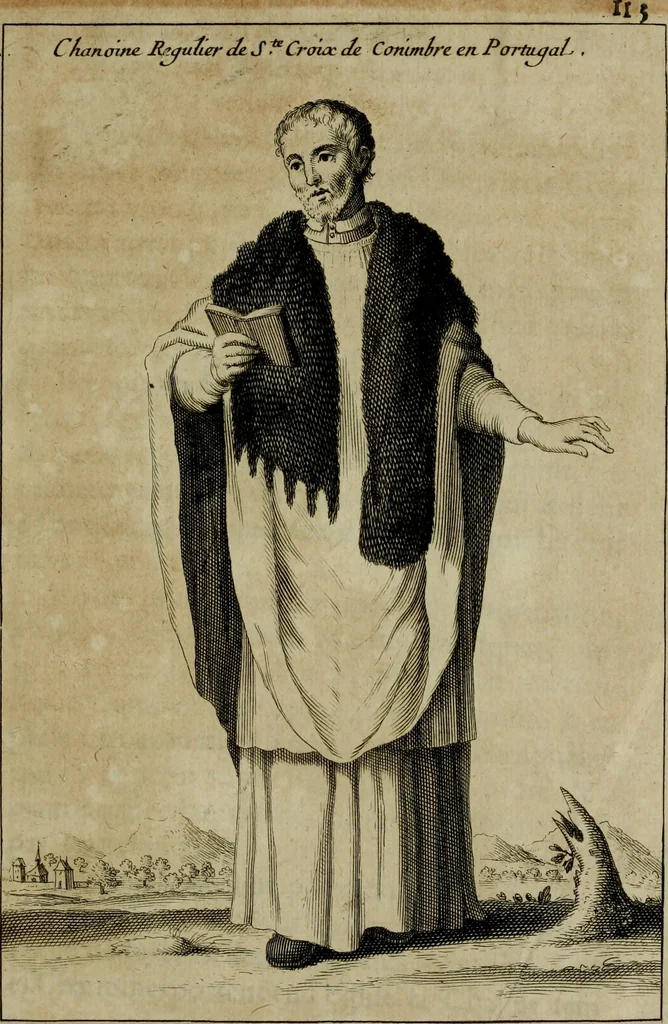 An illustration from Figures des differents habits des chanoines reguliers en ce siecle : auec vn discours sur les habits anciens et modernes de chanoines tant seculiers, que reguliers, 1666, leaf 128