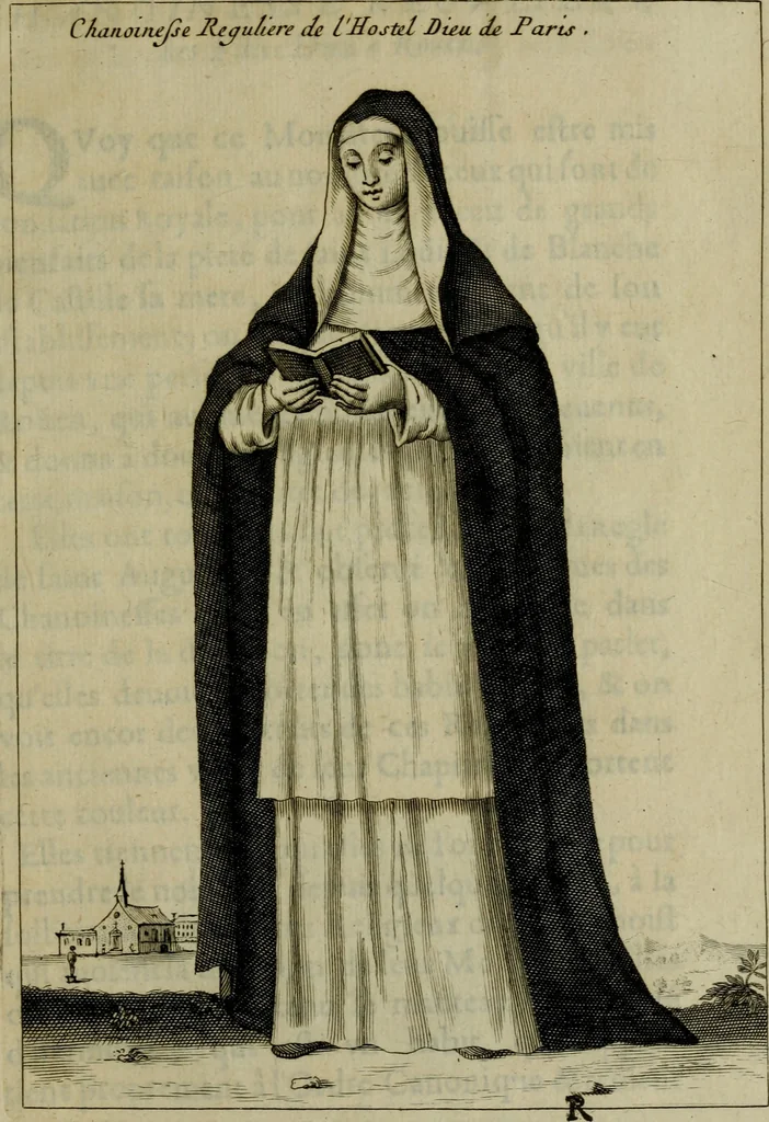 An illustration from Figures des differents habits des chanoines reguliers en ce siecle : auec vn discours sur les habits anciens et modernes de chanoines tant seculiers, que reguliers, 1666, leaf 140
