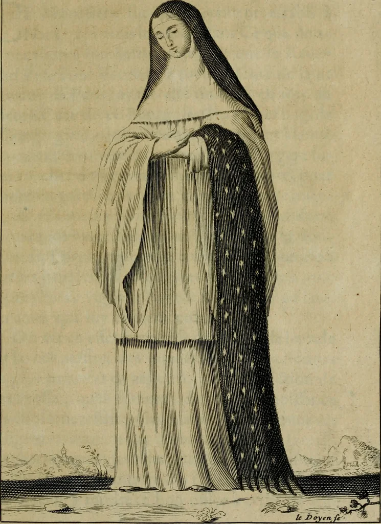 An illustration from Figures des differents habits des chanoines reguliers en ce siecle : auec vn discours sur les habits anciens et modernes de chanoines tant seculiers, que reguliers, 1666, leaf 148