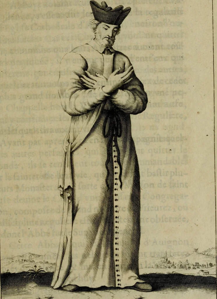 An illustration from Figures des differents habits des chanoines reguliers en ce siecle : auec vn discours sur les habits anciens et modernes de chanoines tant seculiers, que reguliers, 1666, leaf 48