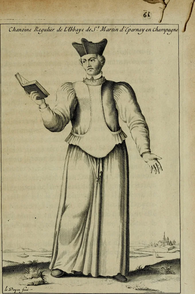 An illustration from Figures des differents habits des chanoines reguliers en ce siecle : auec vn discours sur les habits anciens et modernes de chanoines tant seculiers, que reguliers, 1666, leaf 72