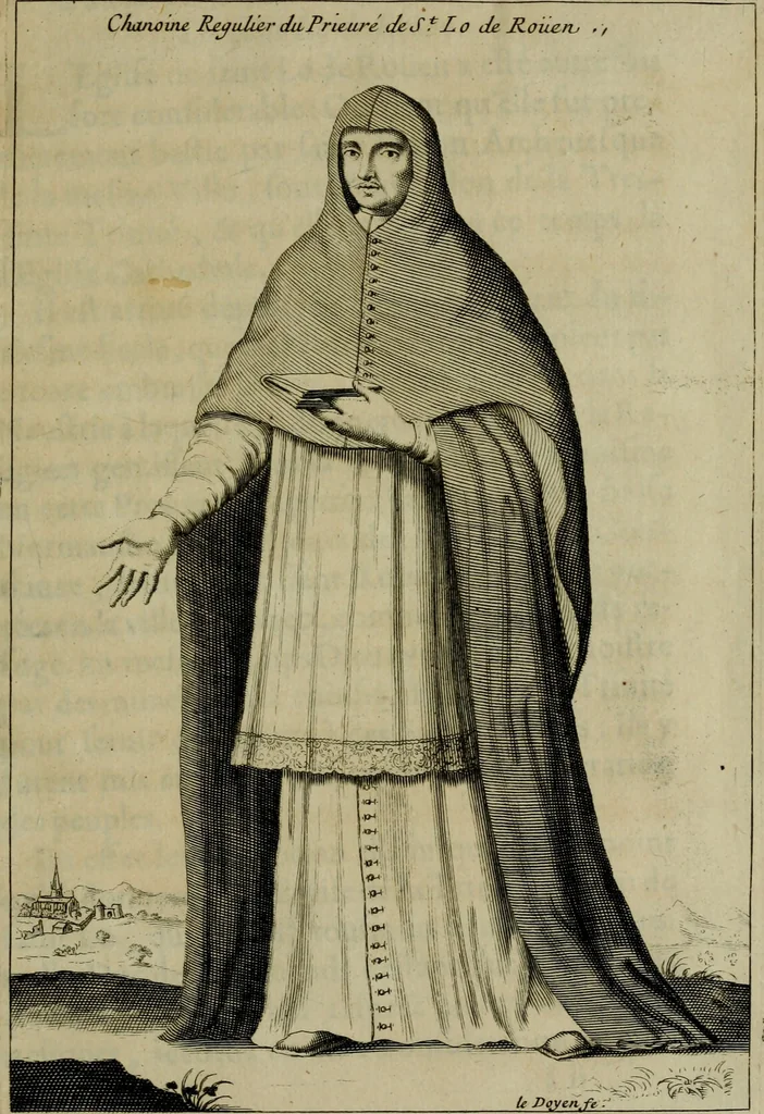 An illustration from Figures des differents habits des chanoines reguliers en ce siecle : auec vn discours sur les habits anciens et modernes de chanoines tant seculiers, que reguliers, 1666, leaf 76