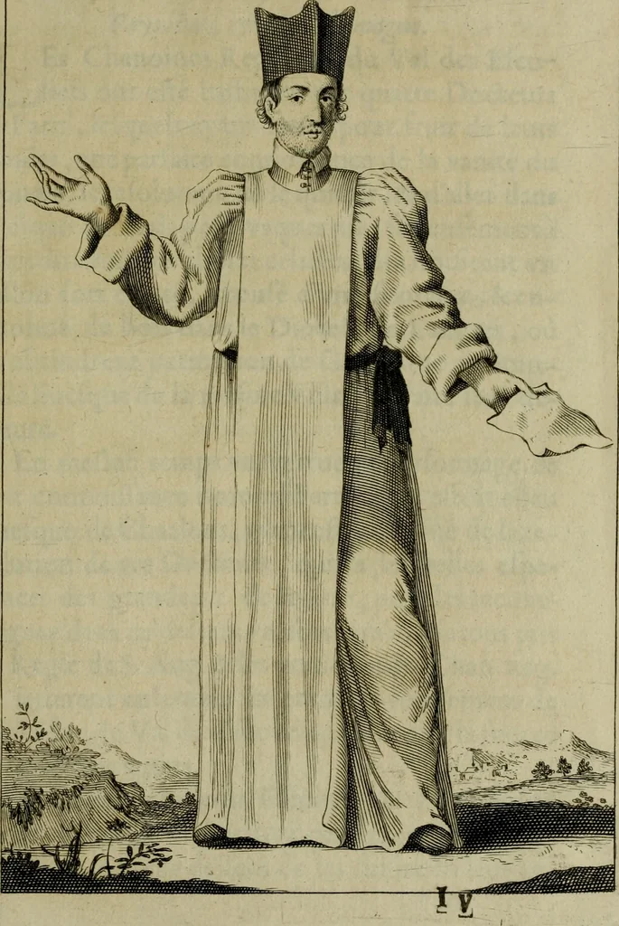 An illustration from Figures des differents habits des chanoines reguliers en ce siecle : auec vn discours sur les habits anciens et modernes de chanoines tant seculiers, que reguliers, 1666, leaf 84