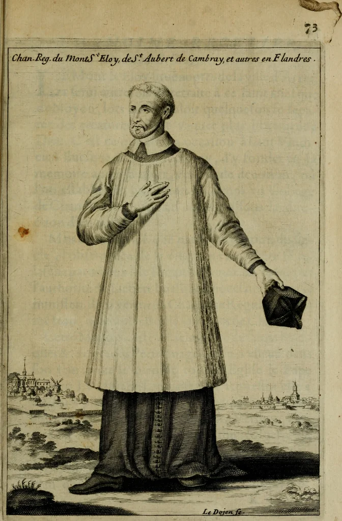 An illustration from Figures des differents habits des chanoines reguliers en ce siecle : auec vn discours sur les habits anciens et modernes de chanoines tant seculiers, que reguliers, 1666, leaf 88