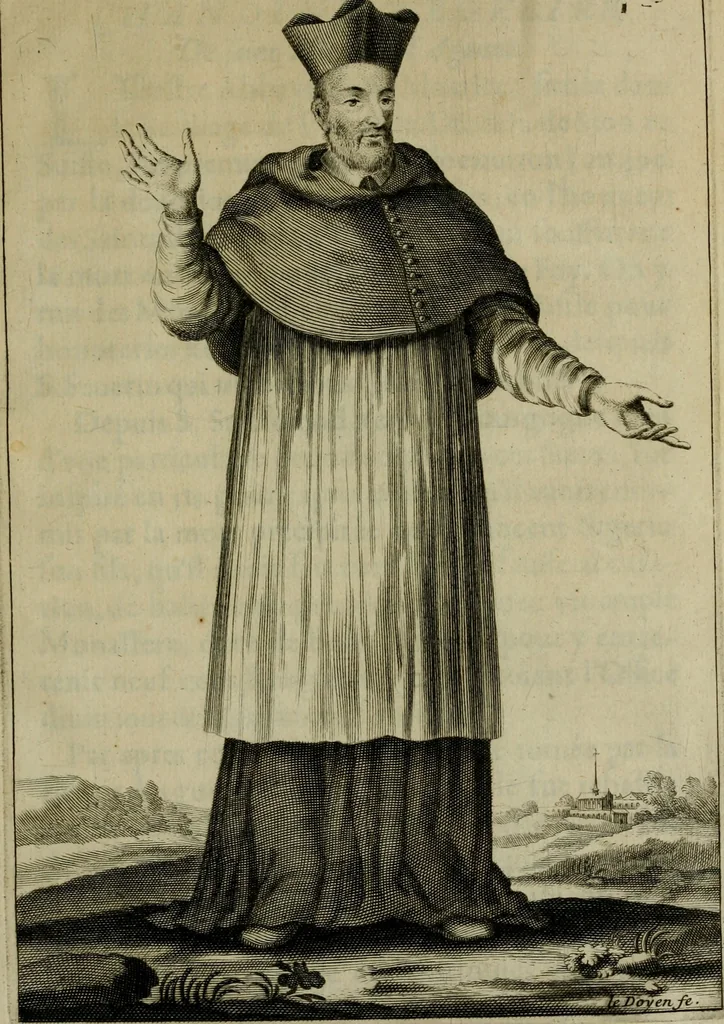 An illustration from Figures des differents habits des chanoines reguliers en ce siecle : auec vn discours sur les habits anciens et modernes de chanoines tant seculiers, que reguliers, 1666, leaf 96