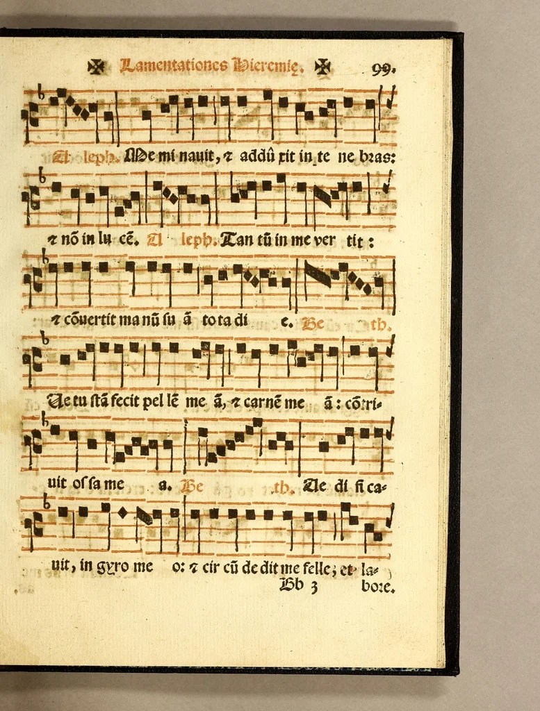 An illustration from F. Ioannis Nauarro Gaditani, Ordinis Minorum Regularis obseruanti[a]e : Prouinci[a]e Apostolorum Petri, & Pauli Michhuacanensis. Liber in quo quatuor passiones Christi Domini continentur [integr[a]e litera, & Cantu iuxta ritum Sanct[a]e Roman[a]e Ecclesi[a]e] Octo Lamentationes : Oratioq[ue] Hieremi[a]e Prophet[a]e, 1604, leaf 209