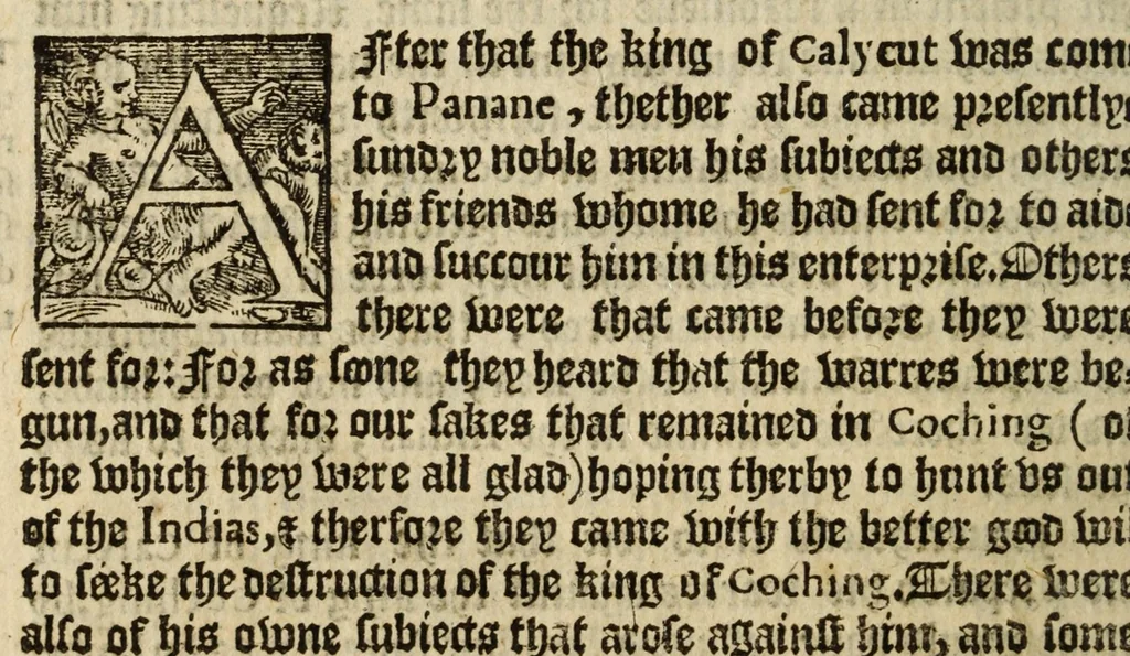 An illustration from The first booke of the Historie of the discouerie and conquest of the East Indias : enterprised by the Portingales in their daungerous nauigations in the time of King Don Iohn, the second of that name : vvhich historie conteineth much varietie of matter, very profitable for all nauigators and not vnpleasaunt to the readers, 1582, leaf 234