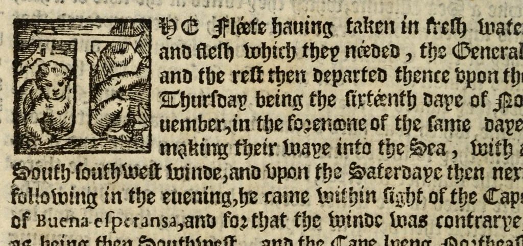 An illustration from The first booke of the Historie of the discouerie and conquest of the East Indias : enterprised by the Portingales in their daungerous nauigations in the time of King Don Iohn, the second of that name : vvhich historie conteineth much varietie of matter, very profitable for all nauigators and not vnpleasaunt to the readers, 1582, leaf 32