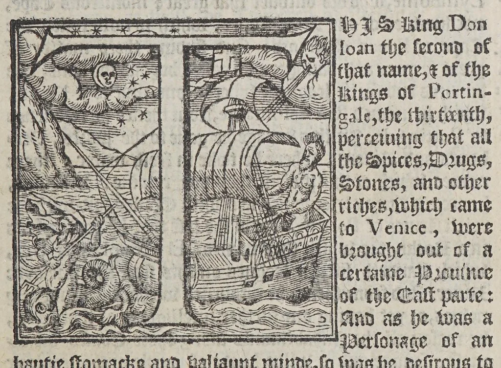 An illustration from The first booke of the historie of the discouerie and conquest of the East Indias, enterprised by the Portingales, in their daungerous nauigations, in the time of King Don Iohn, the second of that name. : VVhich historie conteineth much varietie of matter, very profitable for all Nauigators, and not vnpleasaunt to the Readers., 1582, leaf 19