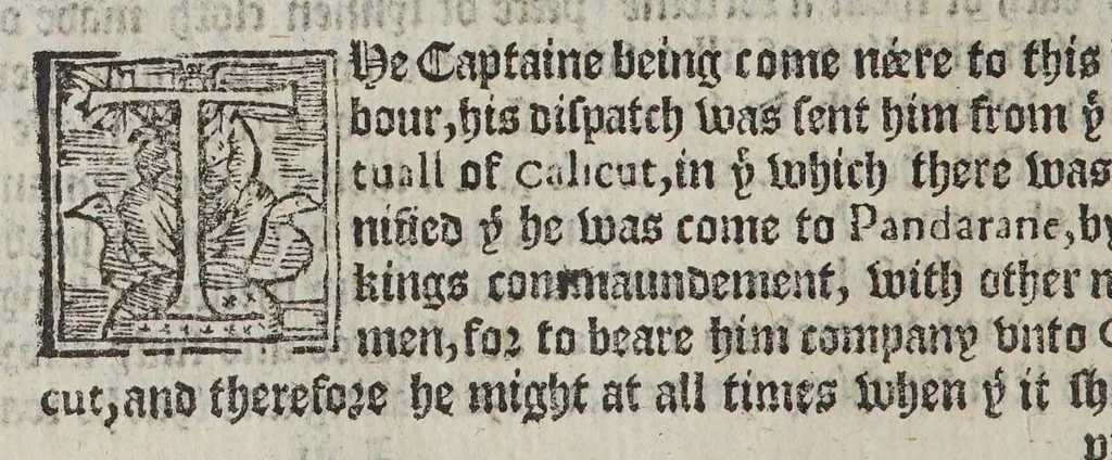 An illustration from The first booke of the historie of the discouerie and conquest of the East Indias, enterprised by the Portingales, in their daungerous nauigations, in the time of King Don Iohn, the second of that name. : VVhich historie conteineth much varietie of matter, very profitable for all Nauigators, and not vnpleasaunt to the Readers., 1582, leaf 96