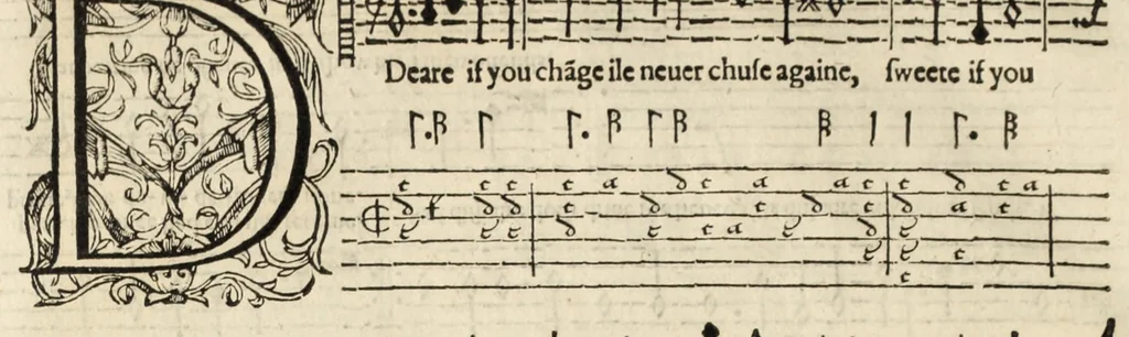 An illustration from The first booke of songes, or, Ayres of fowre partes with tableture for the lute : so made that all the partes together, or either of them seuerally may be song to the lute, orpherian or viol de gambo, 1597, leaf 24