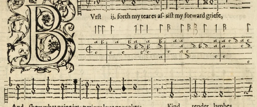 An illustration from The first booke of songes, or, Ayres of fowre partes with tableture for the lute : so made that all the partes together, or either of them seuerally may be song to the lute, orpherian or viol de gambo, 1597, leaf 26