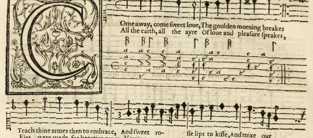 An illustration from The first booke of songes, or, Ayres of fowre partes with tableture for the lute : so made that all the partes together, or either of them seuerally may be song to the lute, orpherian or viol de gambo, 1597, leaf 32