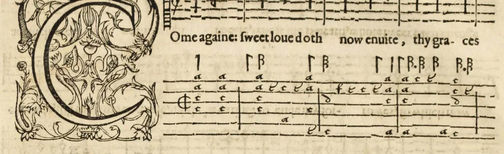 An illustration from The first booke of songes, or, Ayres of fowre partes with tableture for the lute : so made that all the partes together, or either of them seuerally may be song to the lute, orpherian or viol de gambo, 1597, leaf 44