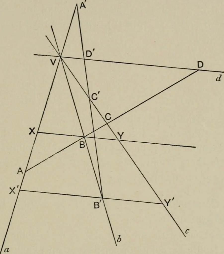 An illustration from A first course in projective geometry, 1913, leaf 221