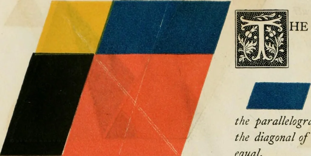 An illustration from The first six books of the Elements of Euclid, in which coloured diagrams and symbols are used instead of letters .., 1847, leaf 76