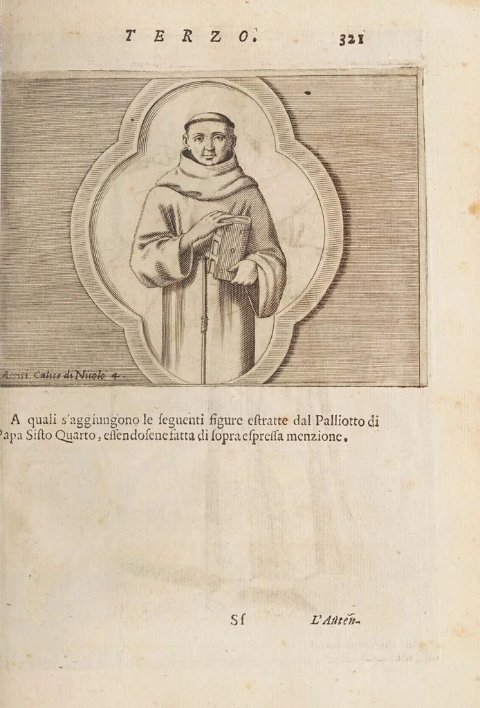 An illustration from Fiume del terrestre paradiso : diuiso in quattro capi, o discorsi / trattato difensivo del sig. dottor don Niccolò Catalano da Santo Mauro ; oue si ragguaglia il mondo nella verità dell'antica forma d'habito de' frati minori istituita da S. Francesco ; dato alle stampe dal P. M. Giulio Antonio Catalano da S. Mauro ..., 1652, leaf 367