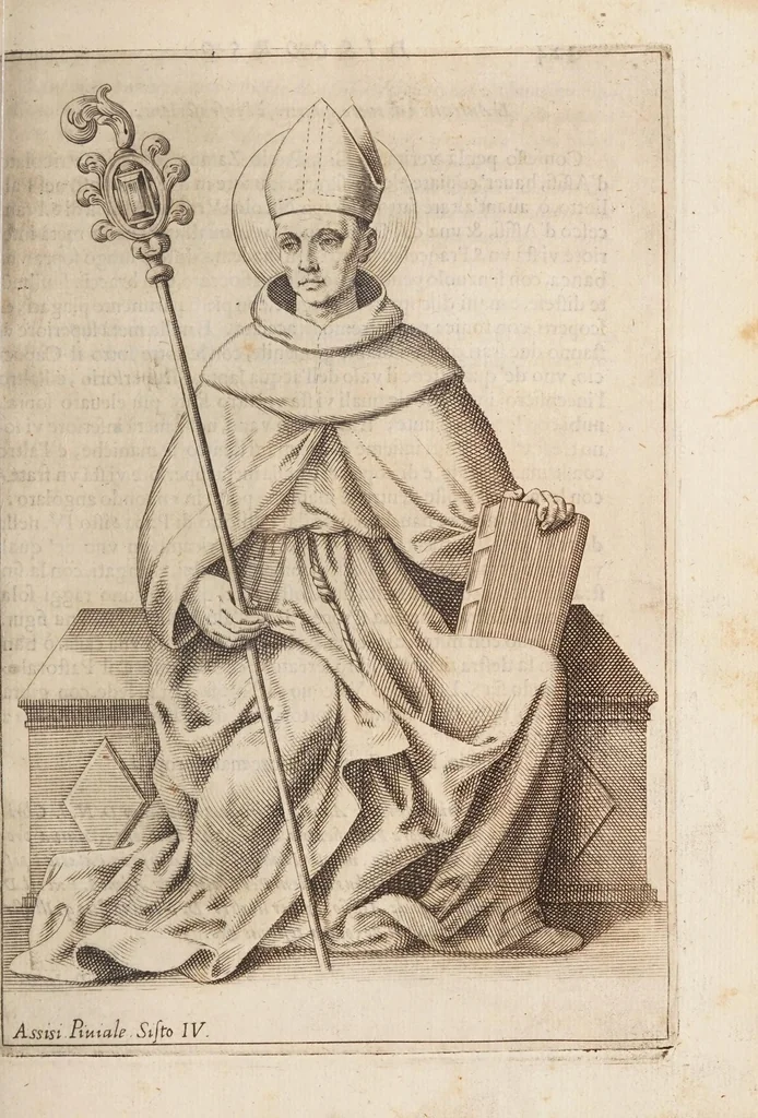 An illustration from Fiume del terrestre paradiso : diuiso in quattro capi, o discorsi / trattato difensivo del sig. dottor don Niccolò Catalano da Santo Mauro ; oue si ragguaglia il mondo nella verità dell'antica forma d'habito de' frati minori istituita da S. Francesco ; dato alle stampe dal P. M. Giulio Antonio Catalano da S. Mauro ..., 1652, leaf 369