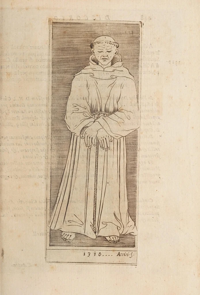 An illustration from Fiume del terrestre paradiso : diuiso in quattro capi, o discorsi / trattato difensivo del sig. dottor don Niccolò Catalano da Santo Mauro ; oue si ragguaglia il mondo nella verità dell'antica forma d'habito de' frati minori istituita da S. Francesco ; dato alle stampe dal P. M. Giulio Antonio Catalano da S. Mauro ..., 1652, leaf 493