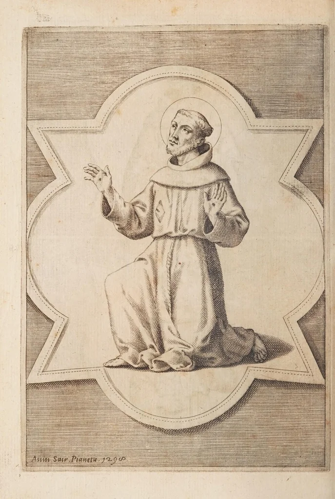 An illustration from Fiume del terrestre paradiso : diuiso in quattro capi, o discorsi / trattato difensivo del sig. dottor don Niccolò Catalano da Santo Mauro ; oue si ragguaglia il mondo nella verità dell'antica forma d'habito de' frati minori istituita da S. Francesco ; dato alle stampe dal P. M. Giulio Antonio Catalano da S. Mauro ..., 1652, leaf 500