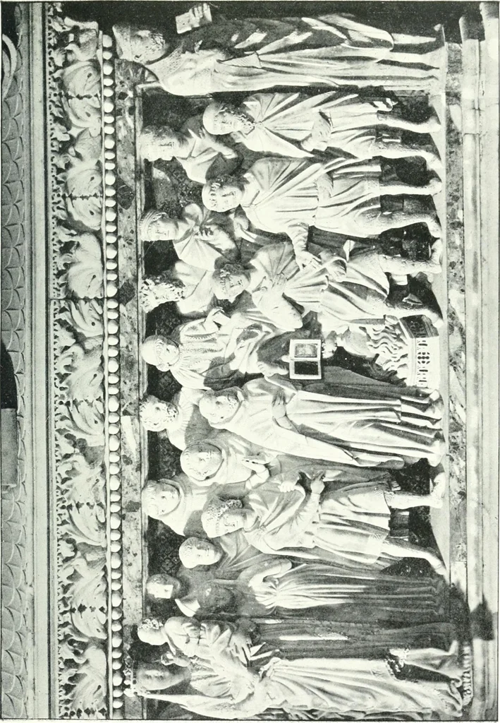 An illustration from Five Italian shrines; an account of the monumental tombs of S. Augustine at Pavia, S. Dominic at Bologna, S. Peter Martyr at Milan, S. Donato at Arezzo, and of Orcagna's tabernacolo at Florence, with a prefatory essay on Tuscan sculpture, 1906, leaf 128