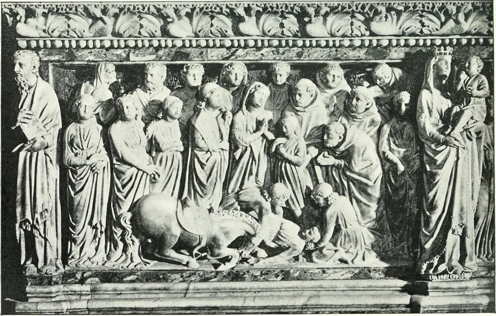 An illustration from Five Italian shrines; an account of the monumental tombs of S. Augustine at Pavia, S. Dominic at Bologna, S. Peter Martyr at Milan, S. Donato at Arezzo, and of Orcagna's tabernacolo at Florence, with a prefatory essay on Tuscan sculpture, 1906, leaf 136