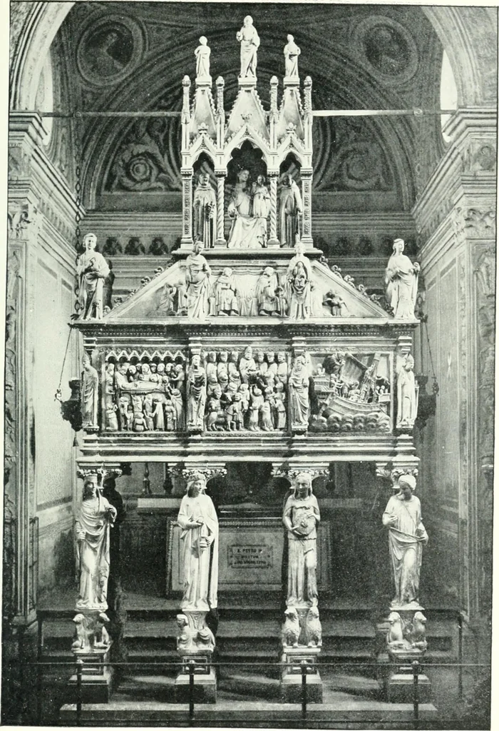 An illustration from Five Italian shrines; an account of the monumental tombs of S. Augustine at Pavia, S. Dominic at Bologna, S. Peter Martyr at Milan, S. Donato at Arezzo, and of Orcagna's tabernacolo at Florence, with a prefatory essay on Tuscan sculpture, 1906, leaf 156