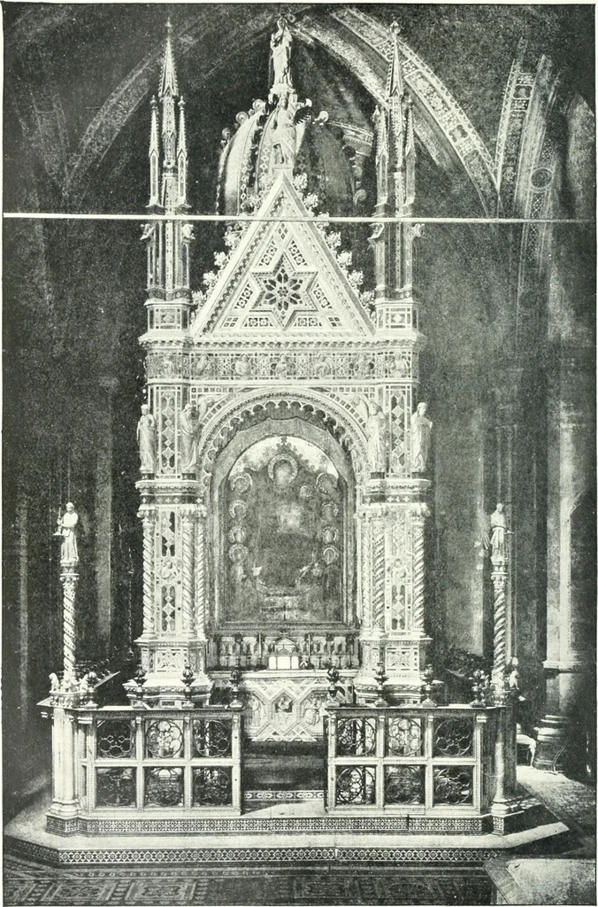 An illustration from Five Italian shrines; an account of the monumental tombs of S. Augustine at Pavia, S. Dominic at Bologna, S. Peter Martyr at Milan, S. Donato at Arezzo, and of Orcagna's tabernacolo at Florence, with a prefatory essay on Tuscan sculpture, 1906, leaf 167