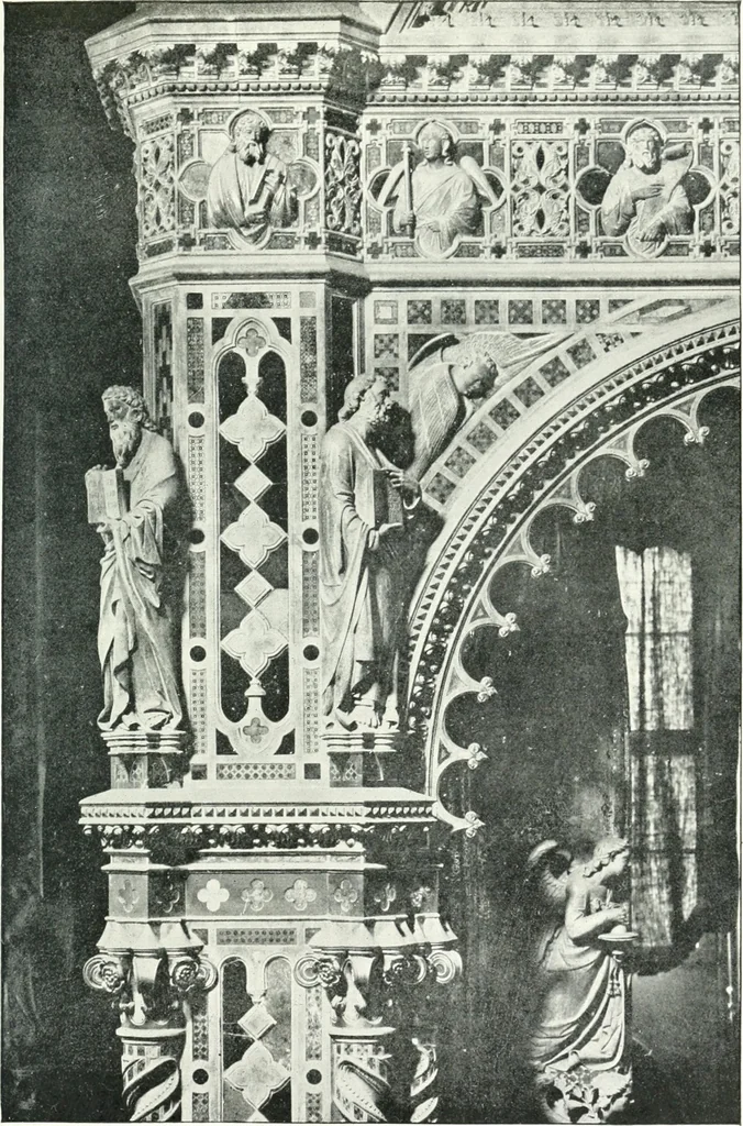 An illustration from Five Italian shrines; an account of the monumental tombs of S. Augustine at Pavia, S. Dominic at Bologna, S. Peter Martyr at Milan, S. Donato at Arezzo, and of Orcagna's tabernacolo at Florence, with a prefatory essay on Tuscan sculpture, 1906, leaf 176