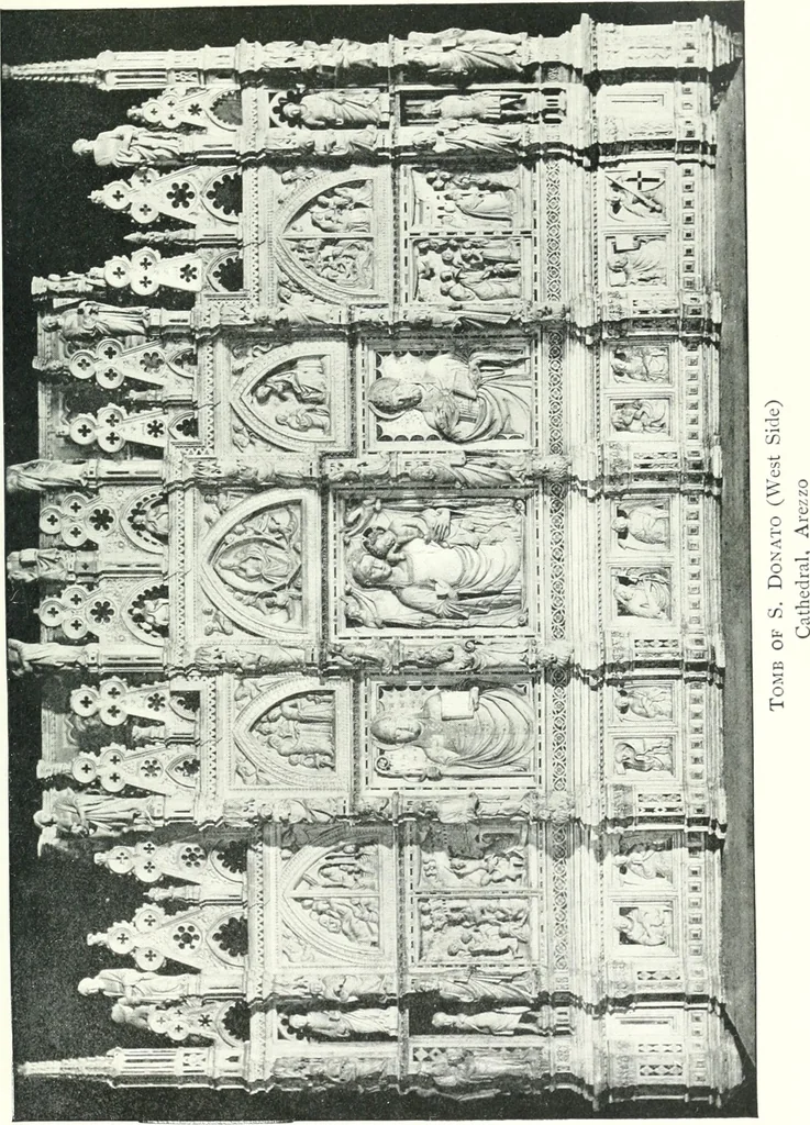 An illustration from Five Italian shrines; an account of the monumental tombs of S. Augustine at Pavia, S. Dominic at Bologna, S. Peter Martyr at Milan, S. Donato at Arezzo, and of Orcagna's tabernacolo at Florence, with a prefatory essay on Tuscan sculpture, 1906, leaf 210