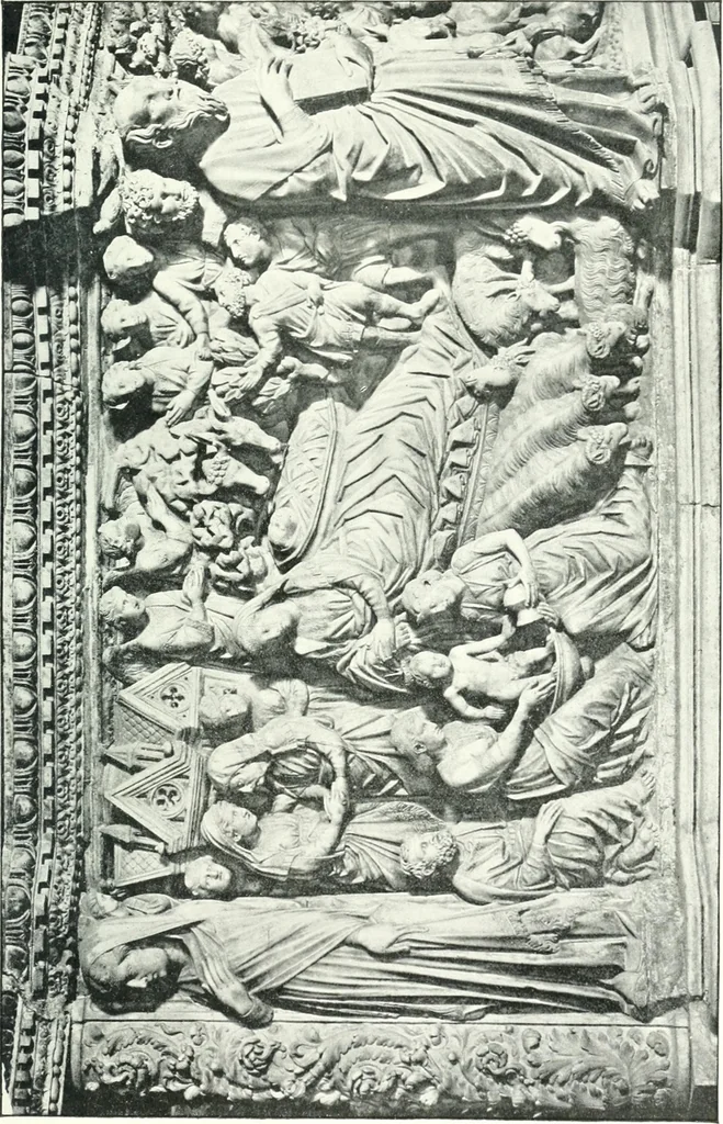 An illustration from Five Italian shrines; an account of the monumental tombs of S. Augustine at Pavia, S. Dominic at Bologna, S. Peter Martyr at Milan, S. Donato at Arezzo, and of Orcagna's tabernacolo at Florence, with a prefatory essay on Tuscan sculpture, 1906, leaf 54