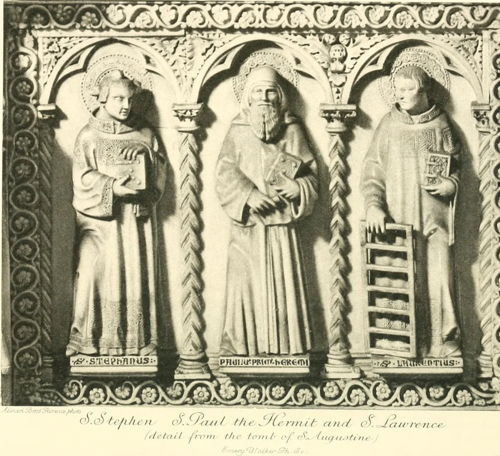 An illustration from Five Italian shrines; an account of the monumental tombs of S. Augustine at Pavia, S. Dominic at Bologna, S. Peter Martyr at Milan, S. Donato at Arezzo, and of Orcagna's tabernacolo at Florence, with a prefatory essay on Tuscan sculpture, 1906, leaf 67