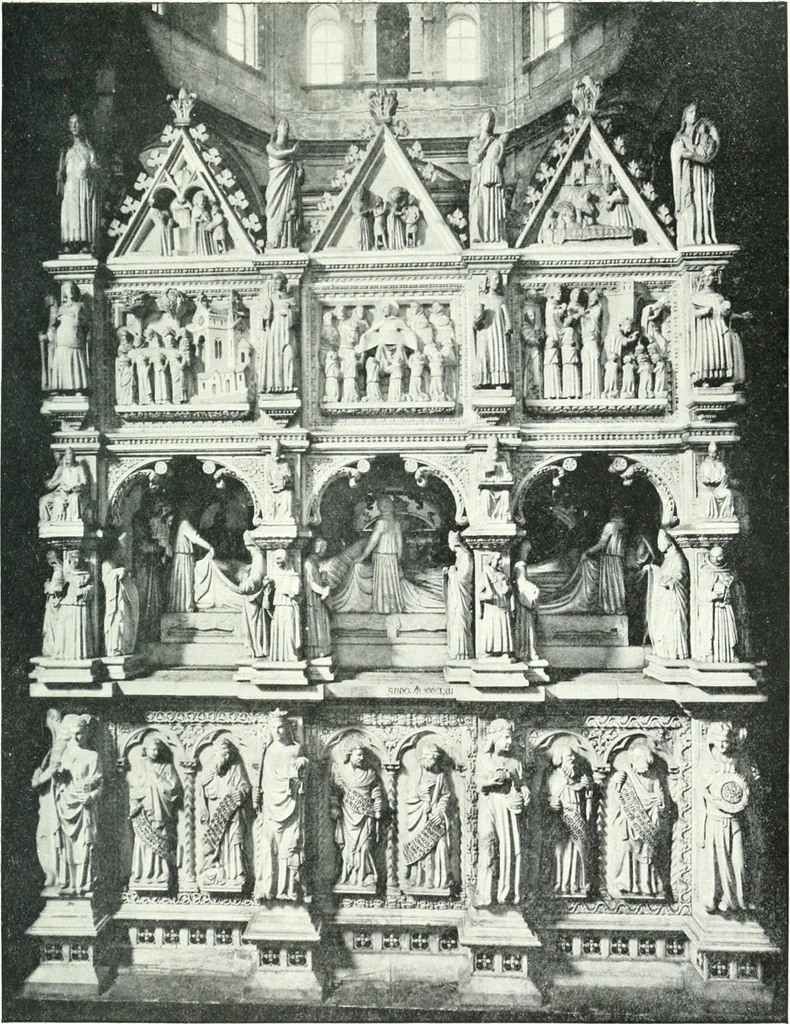 An illustration from Five Italian shrines; an account of the monumental tombs of S. Augustine at Pavia, S. Dominic at Bologna, S. Peter Martyr at Milan, S. Donato at Arezzo, and of Orcagna's tabernacolo at Florence, with a prefatory essay on Tuscan sculpture, 1906, leaf 84