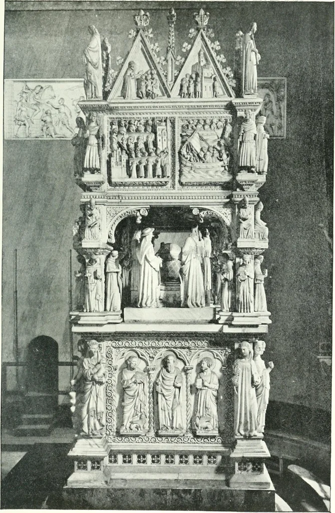 An illustration from Five Italian shrines; an account of the monumental tombs of S. Augustine at Pavia, S. Dominic at Bologna, S. Peter Martyr at Milan, S. Donato at Arezzo, and of Orcagna's tabernacolo at Florence, with a prefatory essay on Tuscan sculpture, 1906, leaf 88