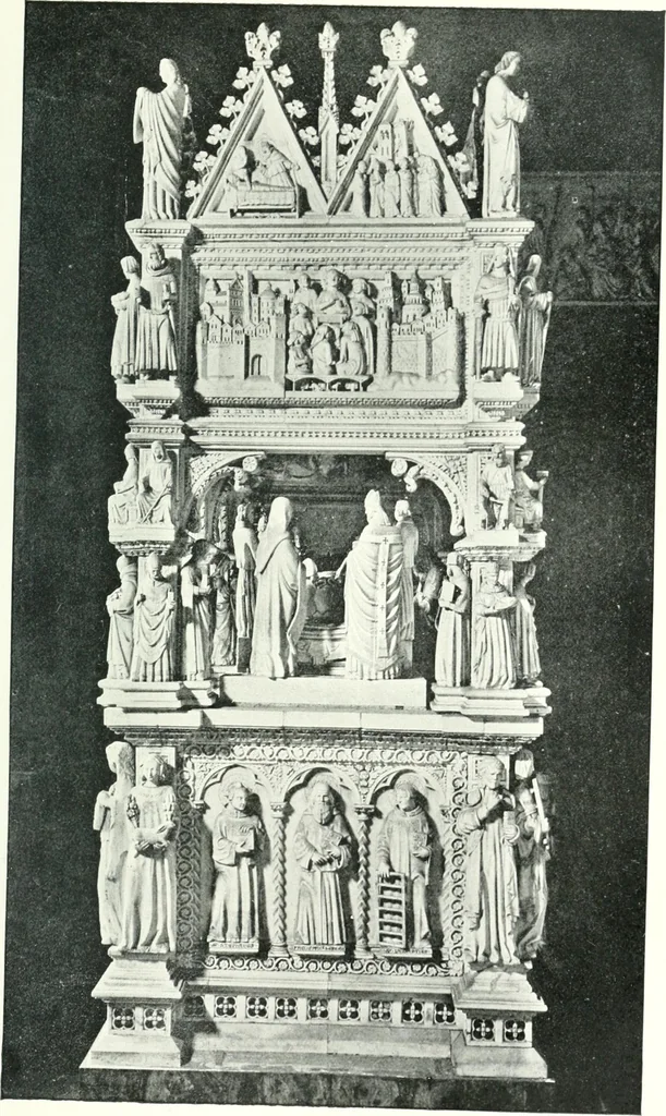 An illustration from Five Italian shrines; an account of the monumental tombs of S. Augustine at Pavia, S. Dominic at Bologna, S. Peter Martyr at Milan, S. Donato at Arezzo, and of Orcagna's tabernacolo at Florence, with a prefatory essay on Tuscan sculpture, 1906, leaf 92