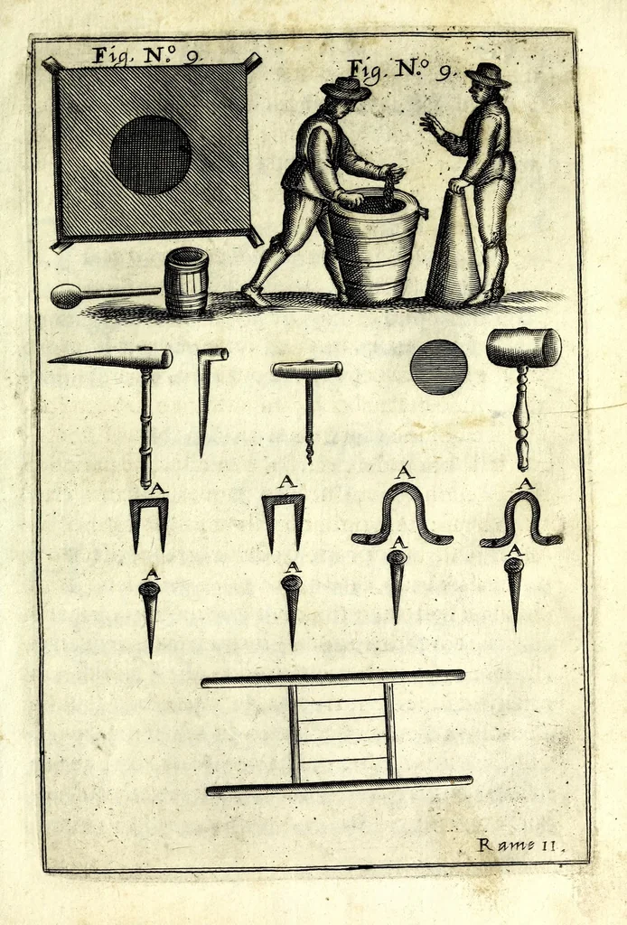 An illustration from Flagello militare, diuiso in quattro parti : la prima tratta de' trabucchi, la seconda de' petardi, la terza de' burlotti, e fuochi artificiali di mare e di terra, la quarta di mine, contramine, e d'altre cose importanti all'arte militare, 1676, leaf 159