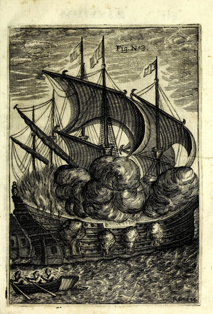 An illustration from Flagello militare, diuiso in quattro parti : la prima tratta de' trabucchi, la seconda de' petardi, la terza de' burlotti, e fuochi artificiali di mare e di terra, la quarta di mine, contramine, e d'altre cose importanti all'arte militare, 1676, leaf 185