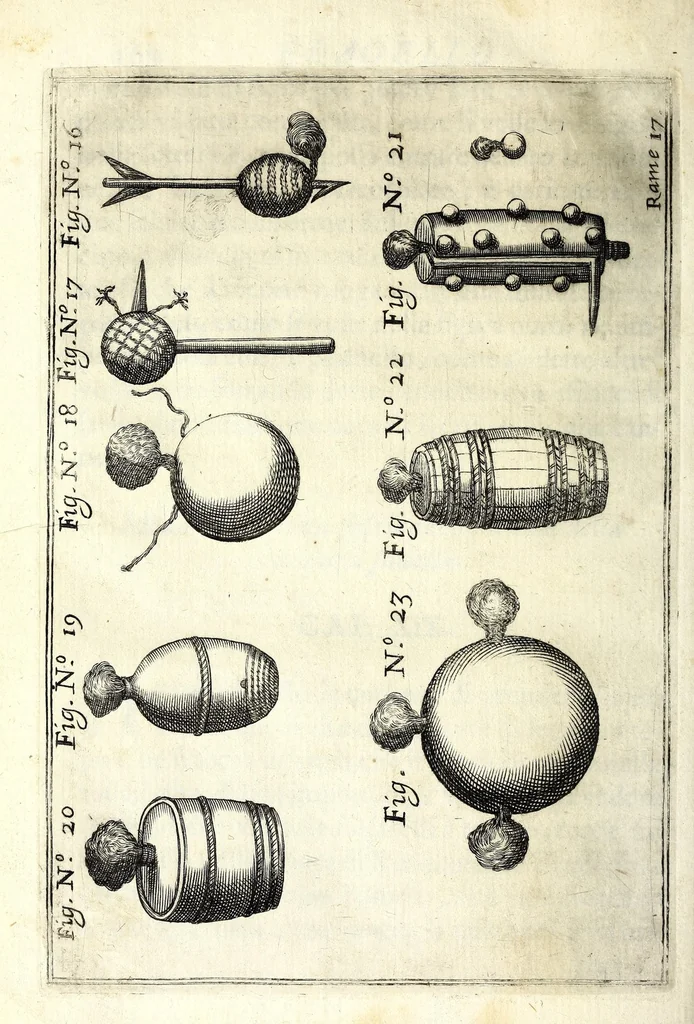 An illustration from Flagello militare, diuiso in quattro parti : la prima tratta de' trabucchi, la seconda de' petardi, la terza de' burlotti, e fuochi artificiali di mare e di terra, la quarta di mine, contramine, e d'altre cose importanti all'arte militare, 1676, leaf 216