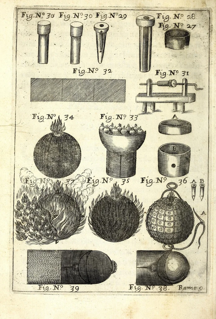 An illustration from Flagello militare, diuiso in quattro parti : la prima tratta de' trabucchi, la seconda de' petardi, la terza de' burlotti, e fuochi artificiali di mare e di terra, la quarta di mine, contramine, e d'altre cose importanti all'arte militare, 1676, leaf 90