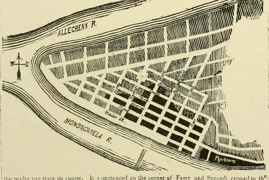 An illustration from "Flems" views of old Pittsburgh : a portfolio of the past precious with memories, 1905, leaf 19